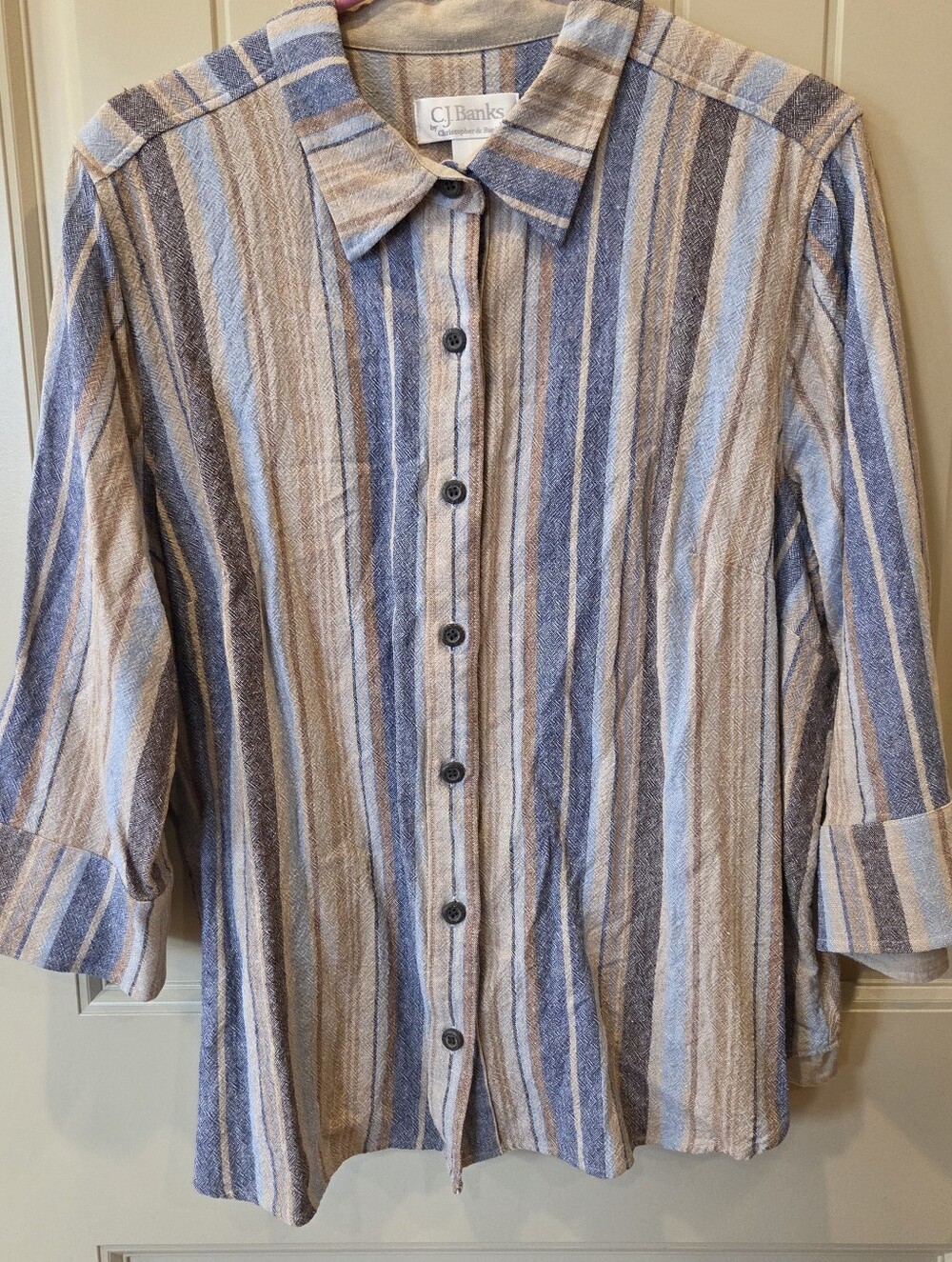 CJ Banks 2X Striped Linen Rayon Blouse Coastal Boho Lagenlook Top